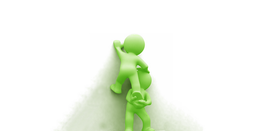 Das Bild zeigt zwei grüne Figuren die versuchen durch "Räuberleiter" ein Hinderniss zu überwinden.